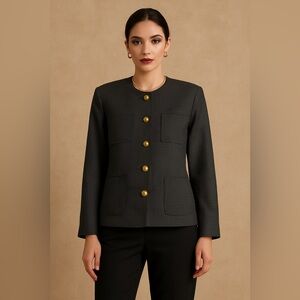 Vintage Devonshire Cream Gold Buttons Wool Houndstooth Boxy Blazer Size 14